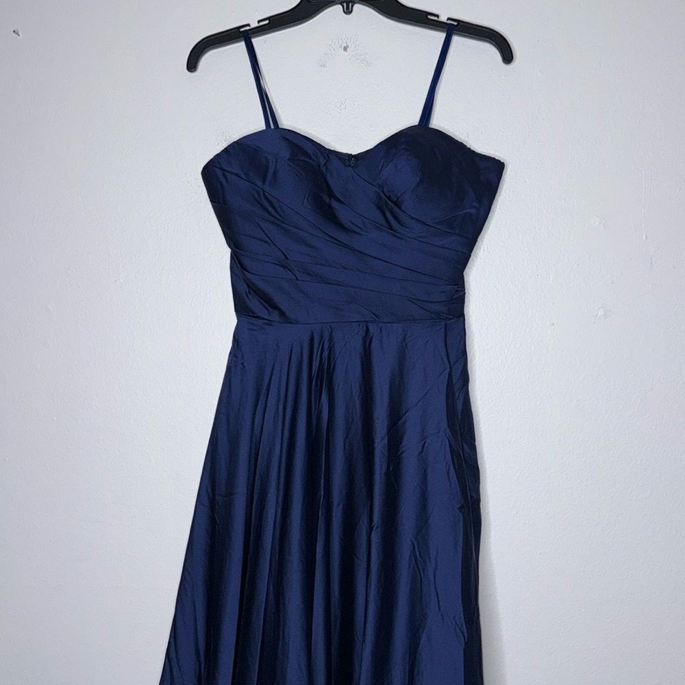 La Femme Womens Size 8 Navy Strapless Slit Satin Ballgown - Picture 5 of 12